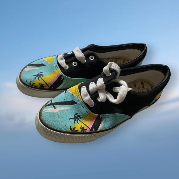Vintage Trax‎ Kmart Sneakers Shoes Canvas Womens 6 Blue Tropical Palm Trees - Picture 1 of 8